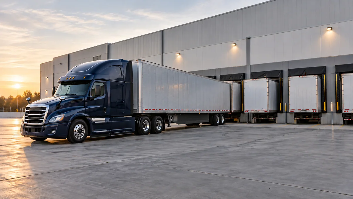 Illustrative unbranded tractor-trailer and dry van trailers at commercial loading docks