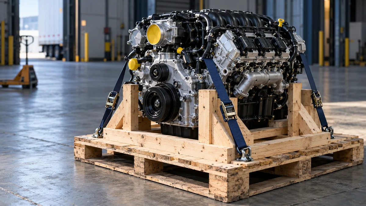 Illustrative automotive engine secured in a wooden cradle on a freight pallet at a loading dock
